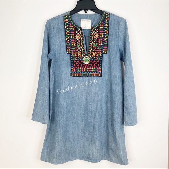 Zara Chambray Boho Denim Dress Tunic Small - Picture 2 of 8